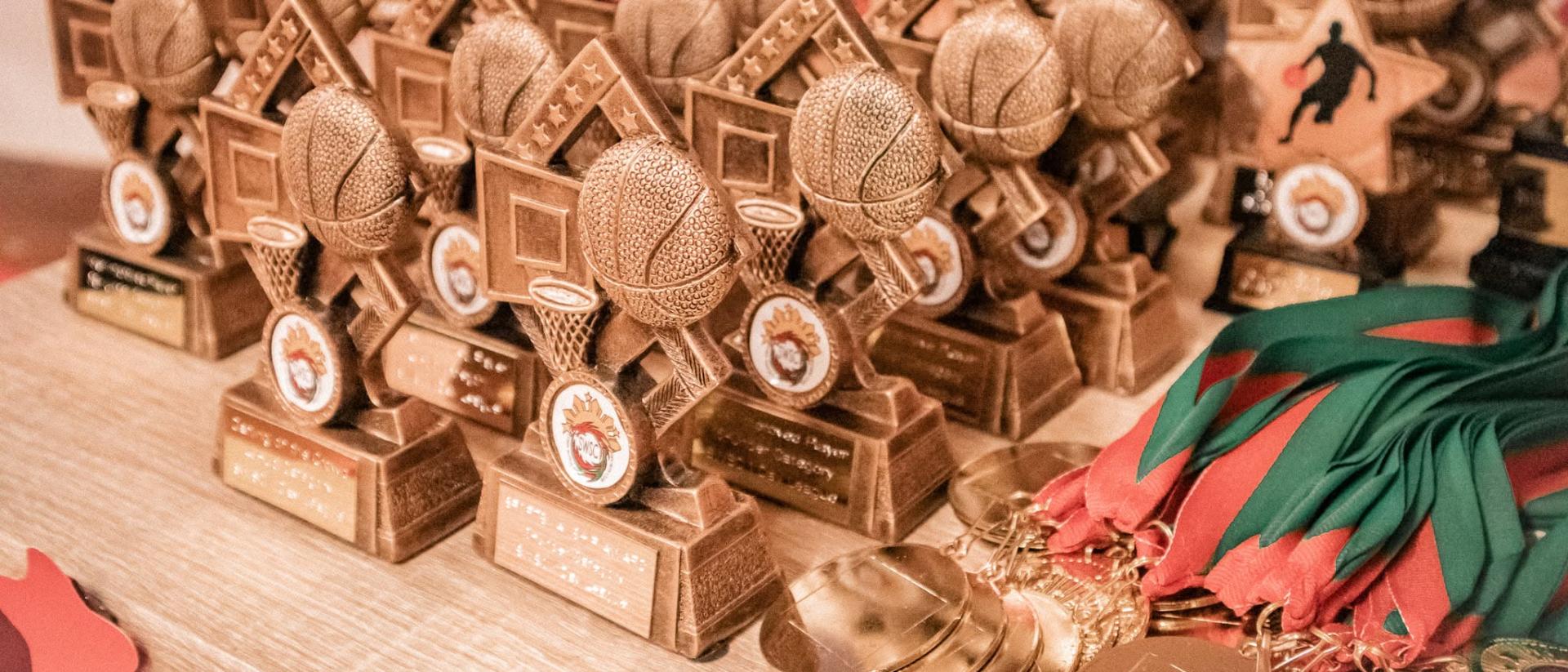 medals and trophies laid out on a table
